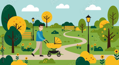 Man Pushing a Yellow Baby Stroller in a Park Illustration.