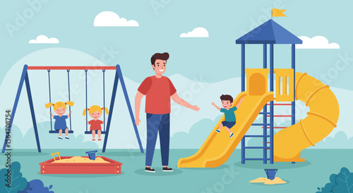 Playground Scene with Children on Swings and Slide Accompanied by Adult.