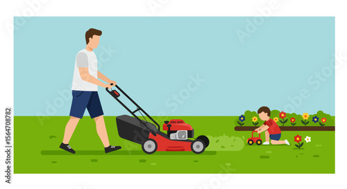 Red and Black Lawn Mower Cutting Grass on a Green Lawn.