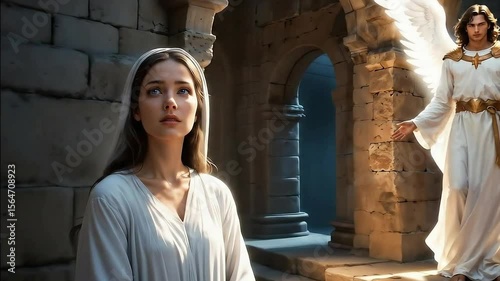 The Annunciation of Blessed Virgin Mary. The archangel Gabriel told Mary that she would have a son, whom she was to name Jesus. Bible scene concept.