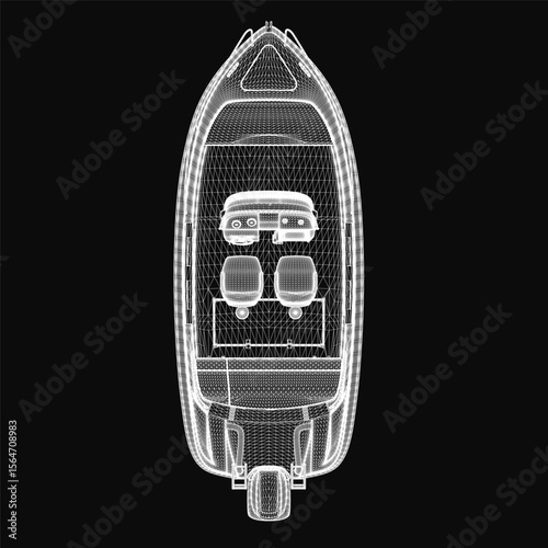 A 3D model of a motor boat blueprint displayed on a black background, highlighting detailed structural features. The design showcases the hull, engine placement.