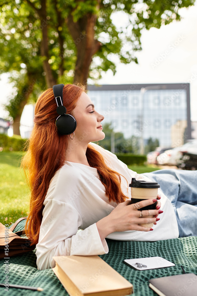 © Bliss - Relaxing afternoon with music and coffee in a sunny urban park setting by a young woman
