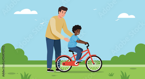 Young Boy Learning to Ride a Red Bicycle with Fathers Support.