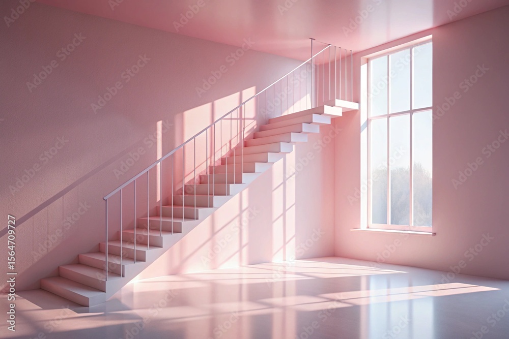 Obraz premium Sunlight streams into a minimalist pink room, illuminating a modern white staircase near a large window