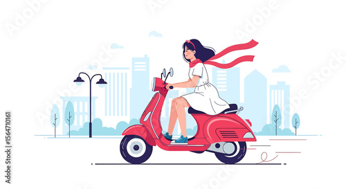 City Adventures Young woman on a stylish scooter riding through town.