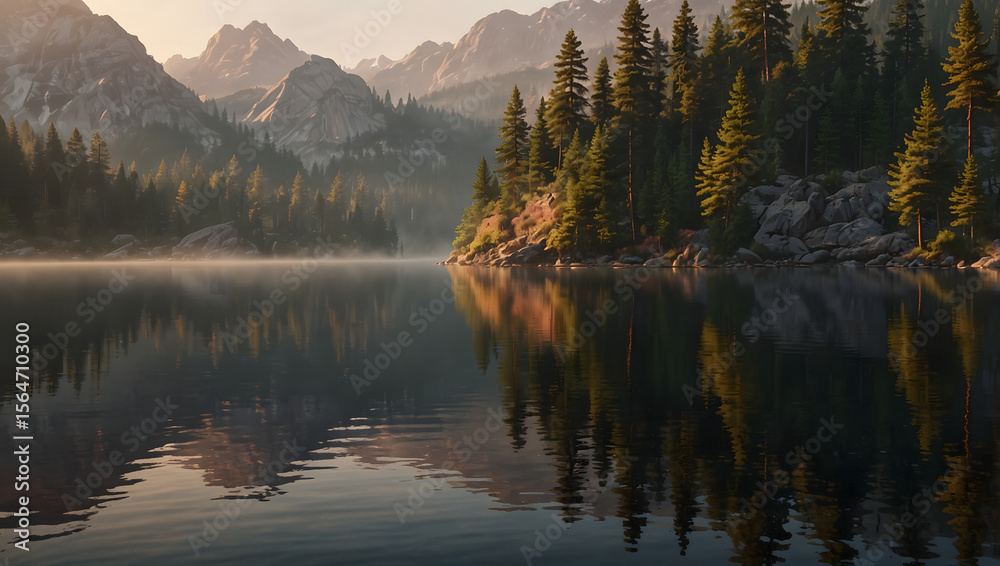 Fototapeta premium Golden Mist Over Serene Forest Waters