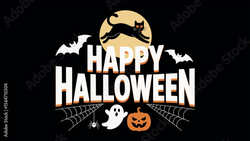 Happy halloween text with black cat jumping over moon and spooky decorations silhouette