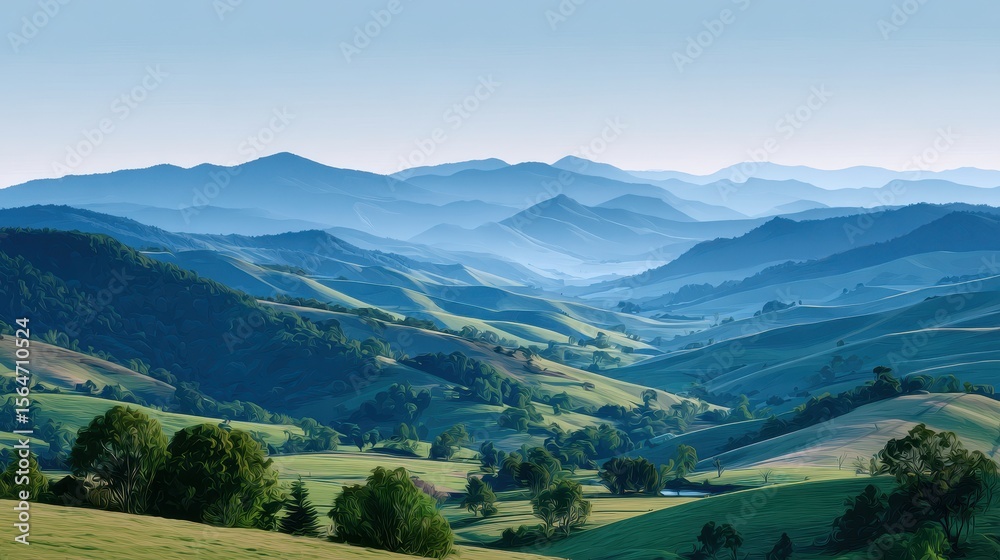 Obraz premium Serene landscape featuring rolling hills under a clear sky, with layered mountains in the background, creating a tranquil atmosphere.