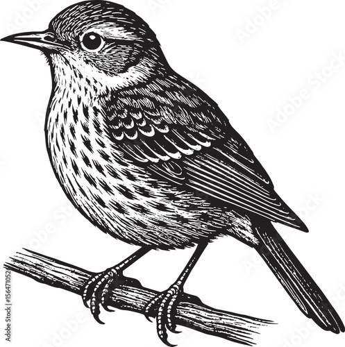 A highly detailed black and white illustration of a small songbird perched, with textured feathers and patterns. copy.eps