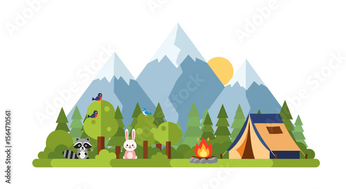 Whimsical Camping Retreat with Cute Animals and Mountain Scenery