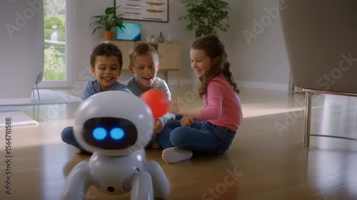 AI-powered robot pet playing with children in smart home