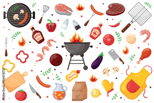 Barbecue items collection. BBQ party icons. Grill set.Decorations  for  cafe and restaurant theme.Grill, cooking tools, salmon, sausage, vegetables, steak, sauce, meat and shrimp.Vector illustration. 