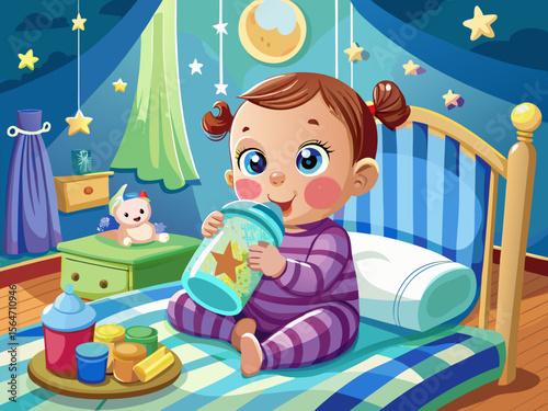 vector of A baby who is eating a bottle of milk and in her own bed .