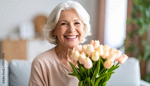Smiling senior woman with a beautiful bouquet of spring flowers