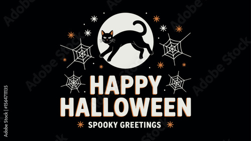 Happy halloween spooky greetings with black cat and moon silhouette