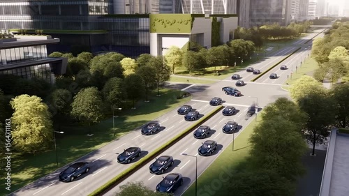 Aerial drone shot of green smart city with self-driving electric cars