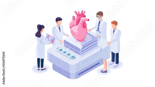 Medical professionals examine a large heart model in a lab setting, showcasing teamwork and innovation in healthcare.