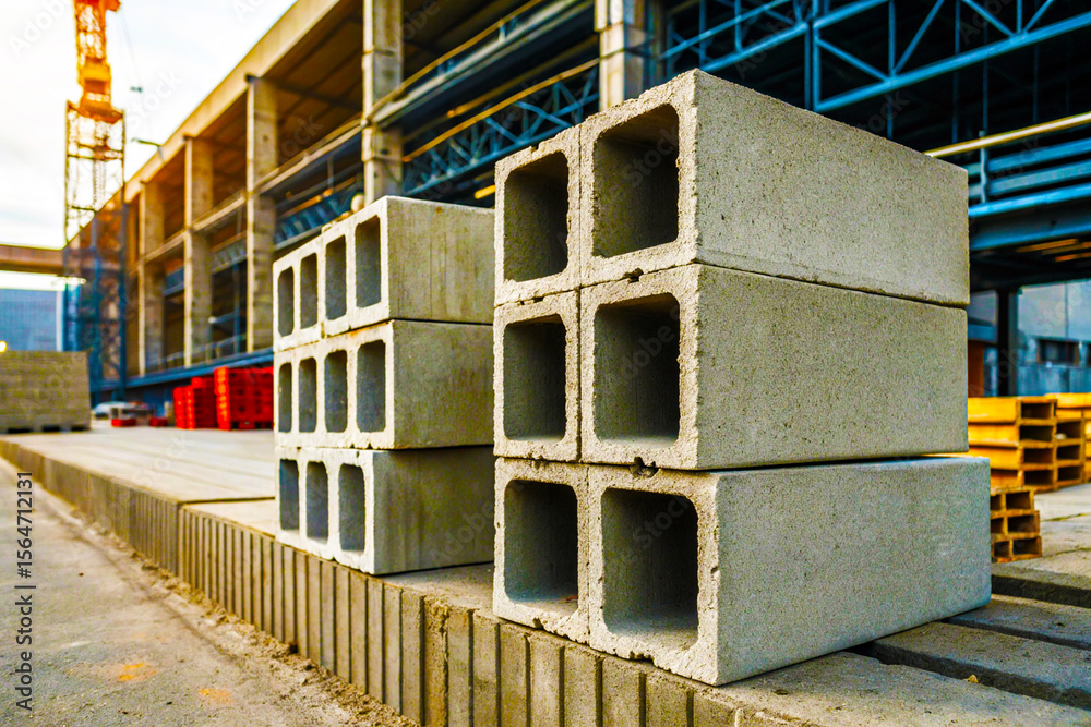 Fototapeta premium Stacked concrete blocks with square holes at a construction site during the daytime outdoors