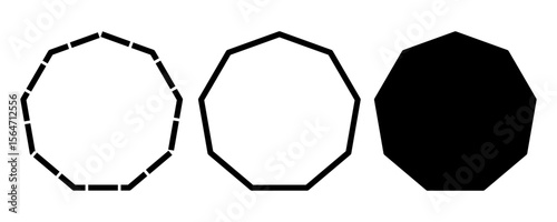 Set of nonagon vector shapes including dashed outline, solid stroke, and filled version or silhouette. Ideal for geometry visuals, abstract elements, and infographic design. isolated white background