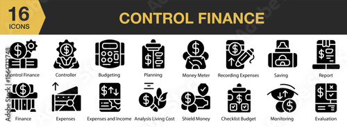 Control Finance solid icon set. Includes management, expense, income, saving, planning, investment, and More. Solid icons vector collection.