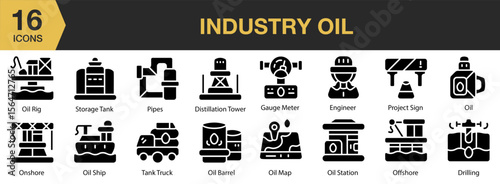 Industry Oil solid icon set. Includes refinery, gas, power, factory, production, and More. Solid icons vector collection.