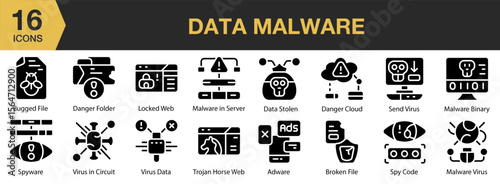 Data Malware solid icon set. Includes security, virus, network, digital, code, system, and More. Solid icons vector collection.