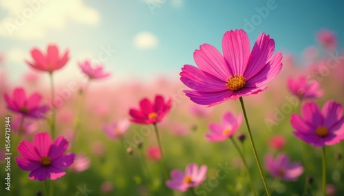 Vibrant cosmos flowers sway gently in a field , soft, colorful, bright