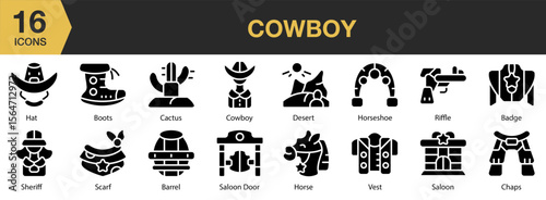 Cowboy solid icon set. Includes wild west, cowboy hat, american, desert, horse, and More. Solid icons vector collection.