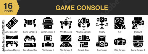Game Console solid icon set. Includes play, controller, digital, entertainment, gamer, and More. Solid icons vector collection.