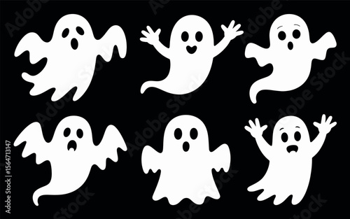 Collection of six cute and friendly white ghost characters in silhouette style