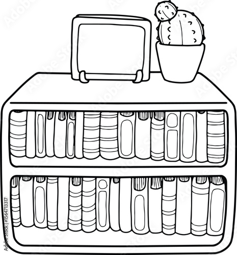 Compact Bookshelf with E-Reader and Cactus