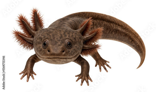 Mudpuppy with bushy external gills and mottled brown skin
