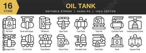 Oil Tank icon set. Editable Stroke Icon Collection. Includes oil, tank, fuel, storage, container, petroleum, and More. Outline icons vector collection.