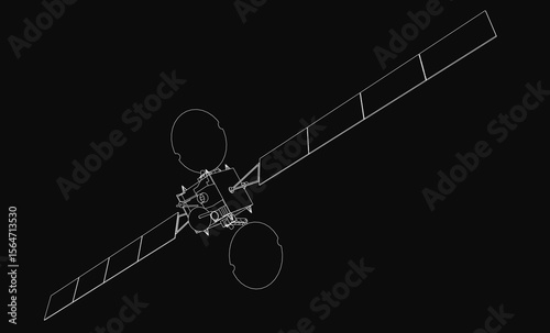 A detailed black and white satellite drawing stands out against a dark background, showcasing intricate components like solar panels and antennas. The technical illustration highlights precision.