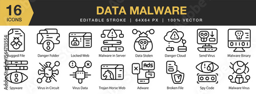 Data Malware icon set. Editable Stroke Icon Collection. Includes technology, computer, data, malware, cyber, and More. Outline icons vector collection.