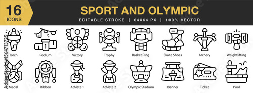 Sport And Olympic icon set. Editable Stroke Icon Collection. Includes sport, competition, game, athlete, paris, and More. Outline icons vector collection.