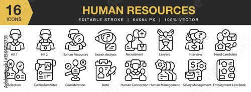 Human Resources icon set. Editable Stroke Icon Collection. Includes business, management, team, employee, corporate, and More. Outline icons vector collection.