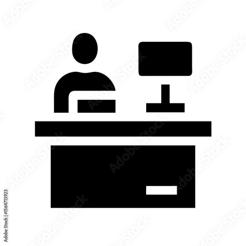 Person working at checkout counter with computer in office setting  
