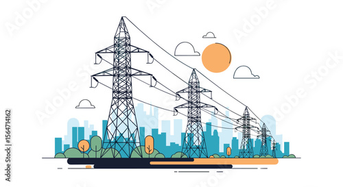 Electricity pylons and transmission lines power the city