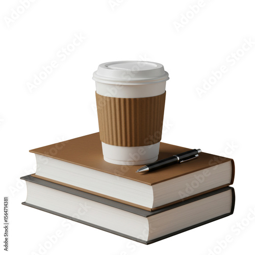 Coffee cup on top of stacked books isolated on a transparent background, png, cutout.