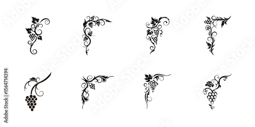 Decorative grapevine silhouette vector art set with ornate leaves and swirls, perfect for wine decor, winery labels, vintage logos, and illustrations

