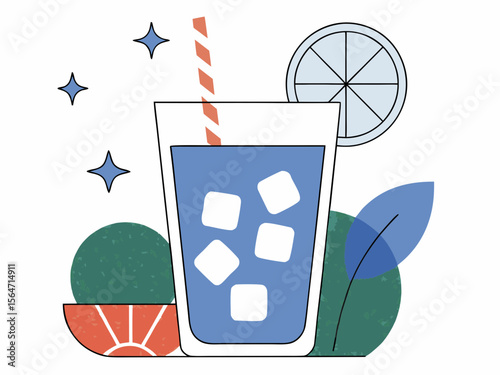 Refreshing blue drink with ice cubes and citrus slice in a modern flat design