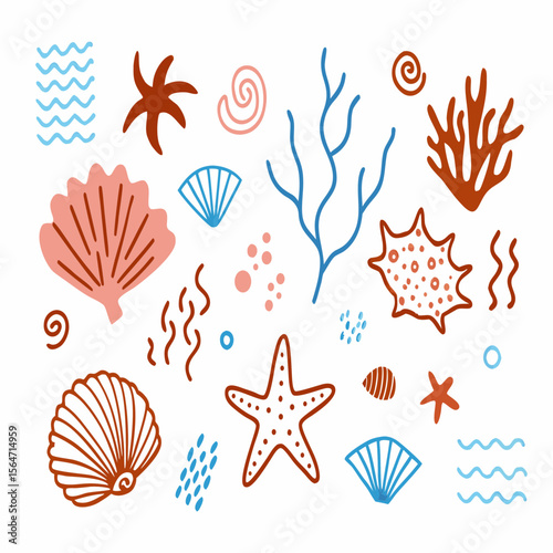 Whimsical hand drawn ocean life elements and sea creatures collection