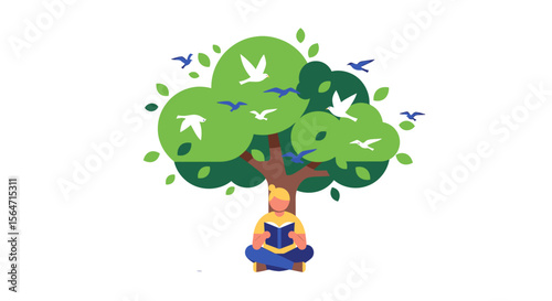 Reading Under the Tree of Knowledge Birds Flying in the Air