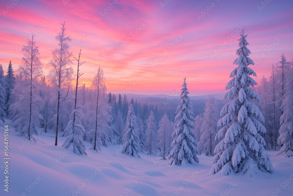 Obraz premium Magical Winter Forest Covered in Snow with Colorful Pink and Purple Sunset Sky
