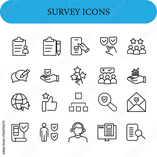 A set of 20 survey-related icons presented in a grid. The icons are simplistic line drawings in black on a white background.