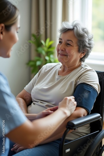 Senior Woman in Wheelchair Checking Blood Pressure — Health Care and Independence