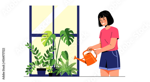 Woman waters plants for healthy indoor gardening atmosphere.