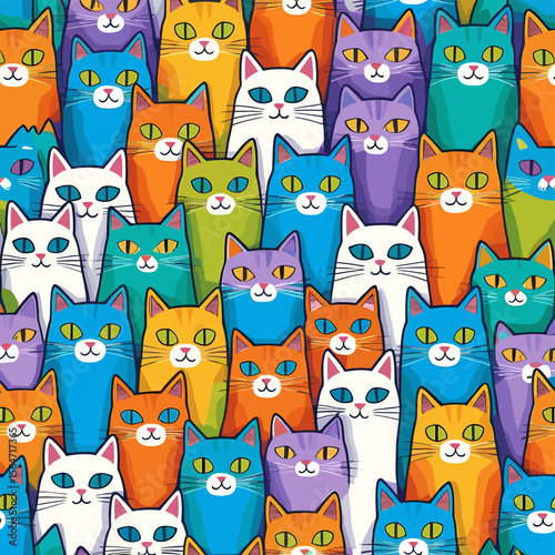 Colorful Abstract Cat Pattern with Vibrant Multicolored Feline Illustrations in a Playful and Whimsical Design
