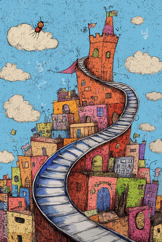 Whimsical Fantasy Cityscape with Colorful Buildings and a Spiraling Pathway Under a Blue Sky